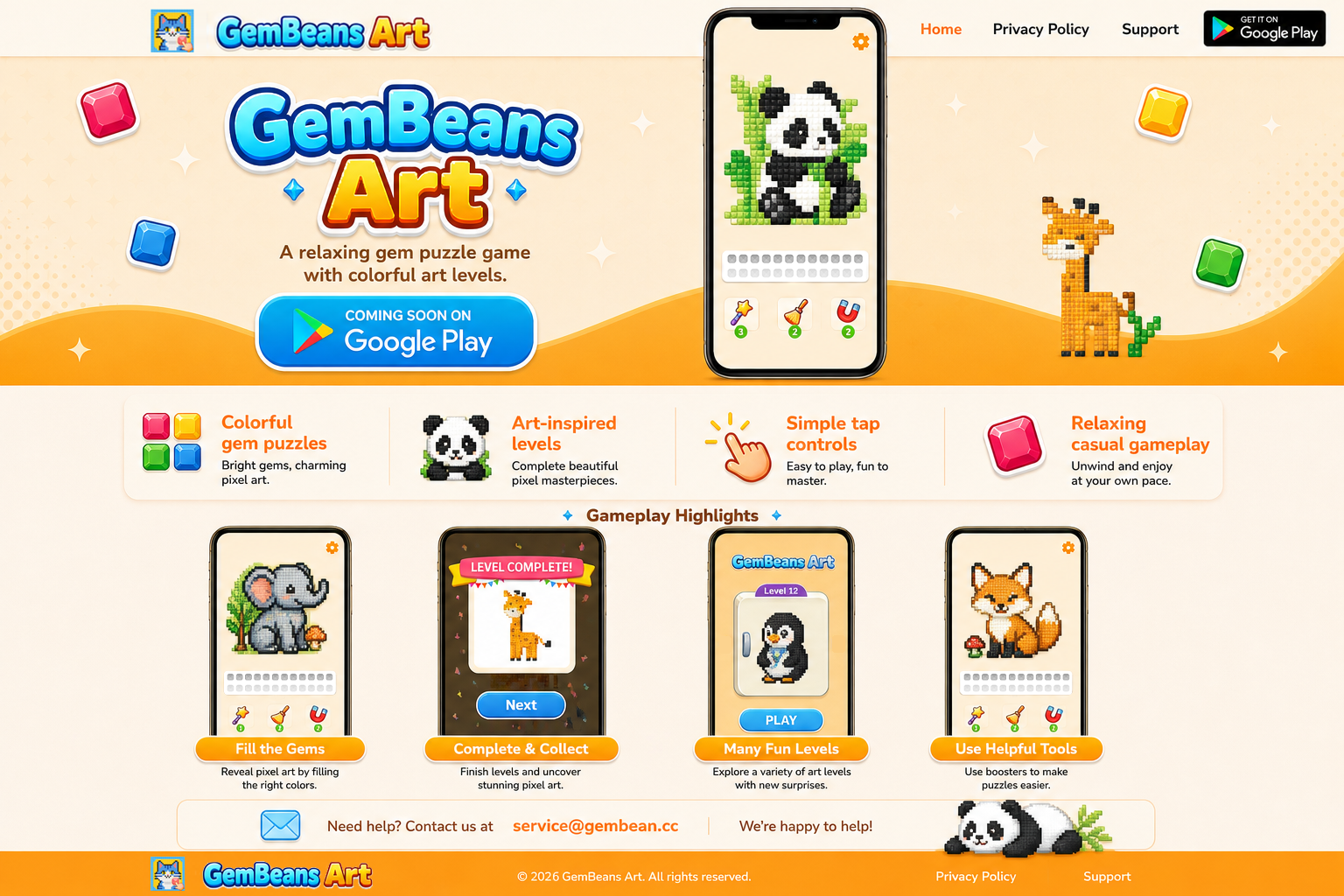 GemBeans Art official website with gameplay screenshots, Google Play call to action, privacy policy and support links.
