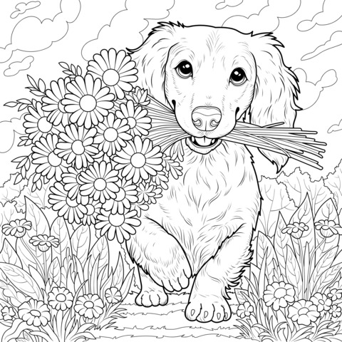 Dog carrying a bouquet coloring page