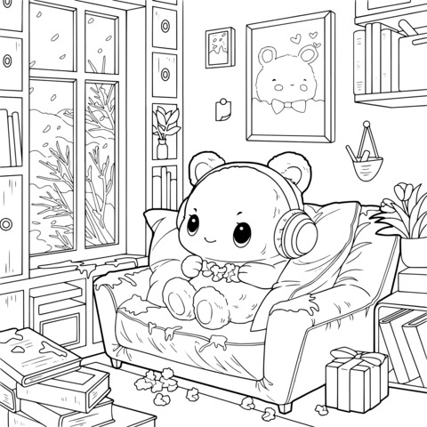 Cozy character room coloring page shown in Color Moments