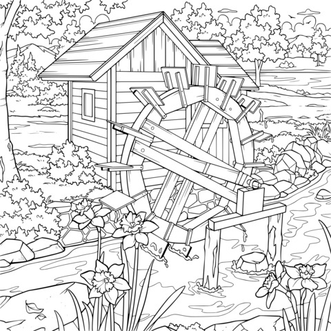 Watermill beside a river coloring page