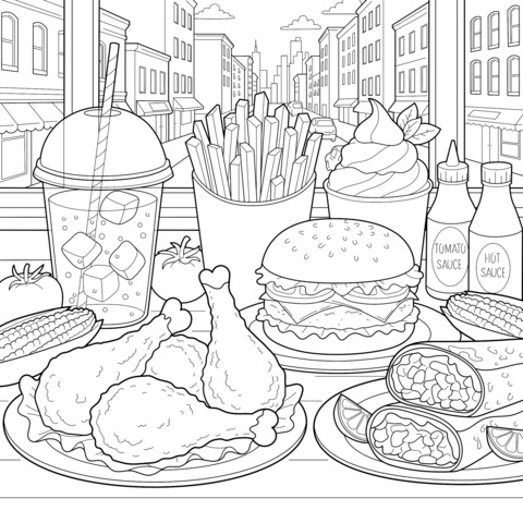 Street food feast coloring page