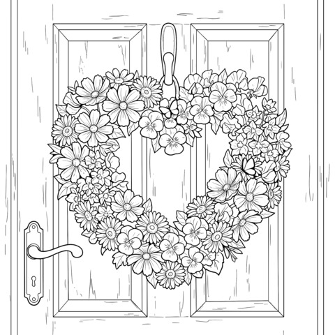 Heart-shaped flower wreath coloring page