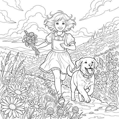 Girl and dog walking through a flower field coloring page
